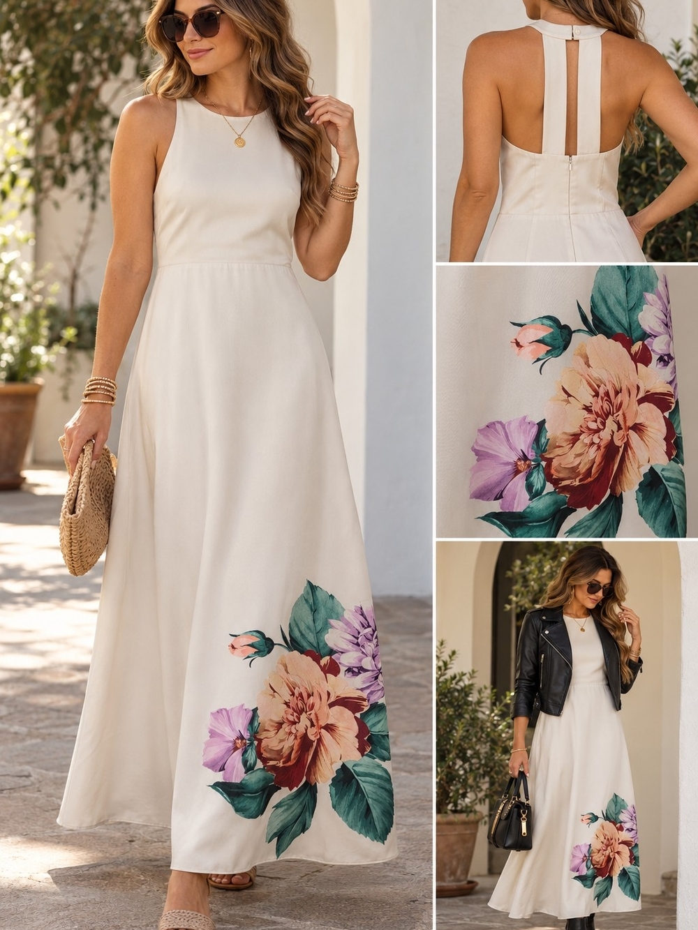 Express Floral Maxi Dress | Size L | Ivory Open Back